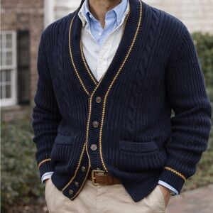 J.Crew Men’s Large Varsity Cable Knit Cardigan Sweater Navy Organic Cotton